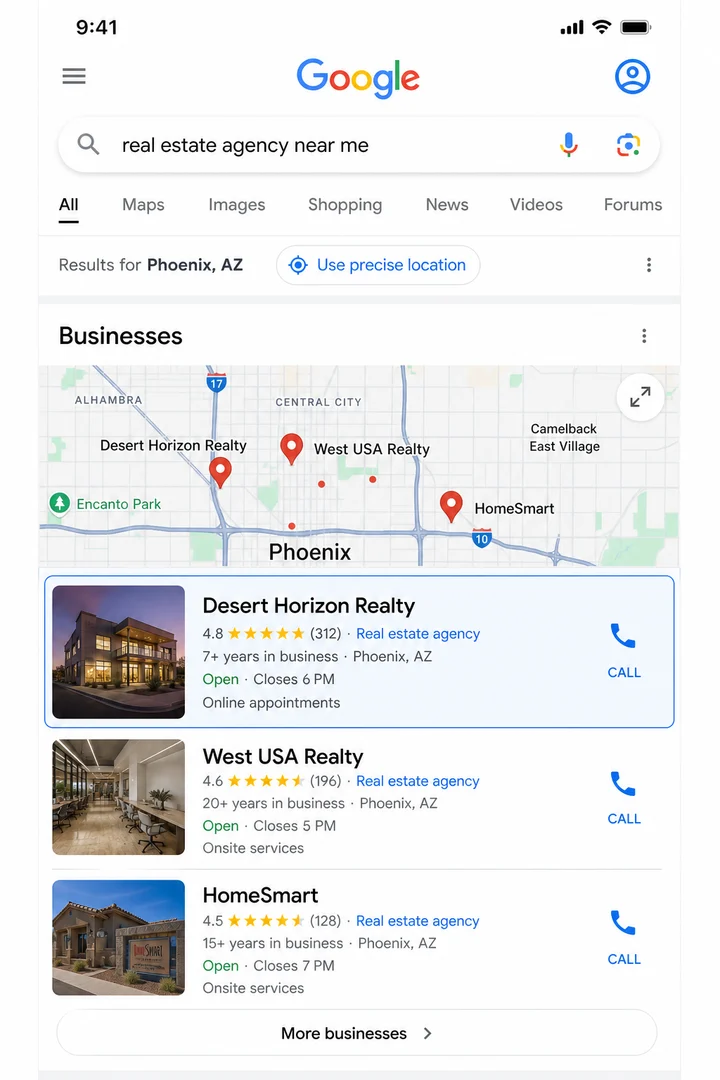 Google local search results after optimization