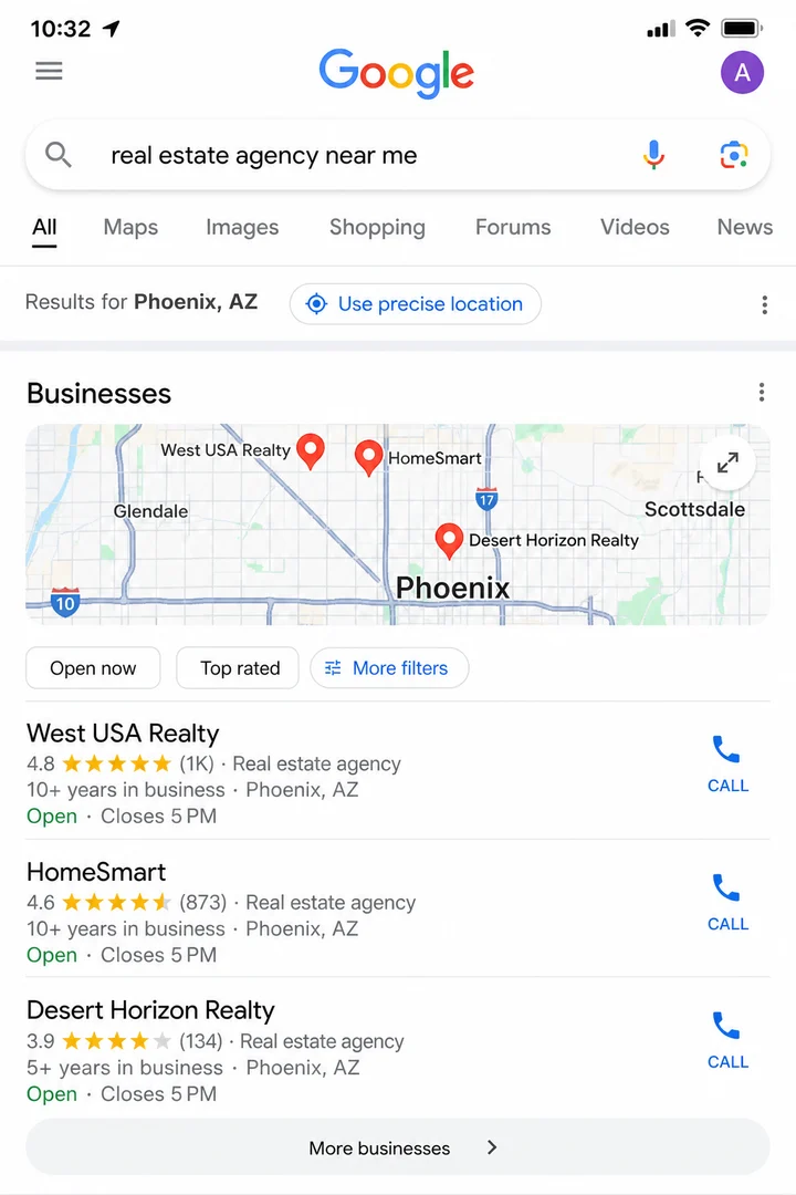 Google local search results before optimization