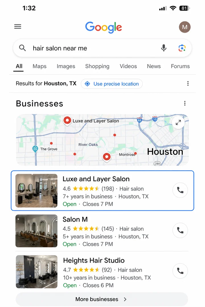 Google local search results after optimization