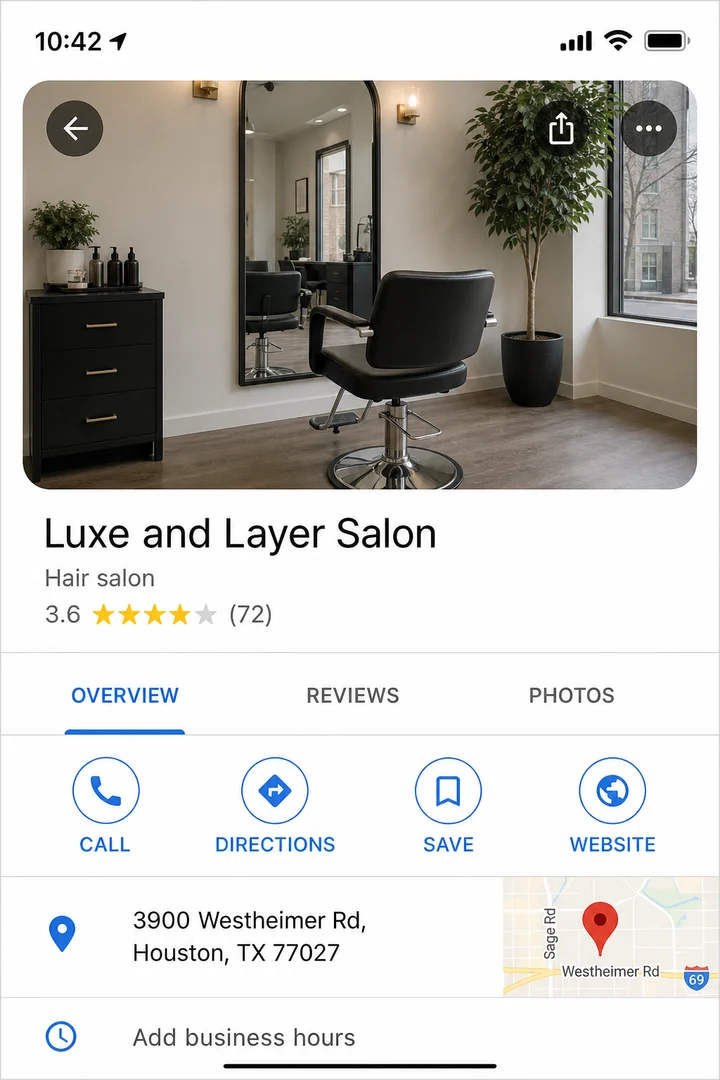 Luxe and Layer Salon Google Business Profile before with lower rating and fewer reviews