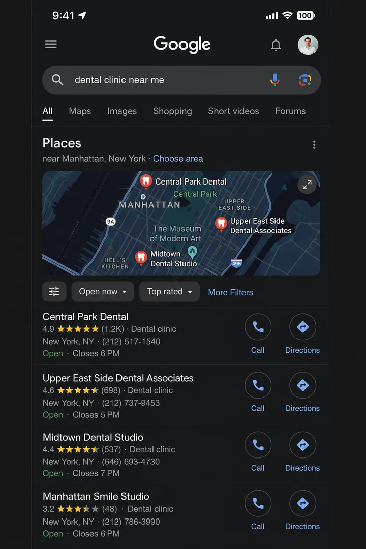 Google local search results before optimization