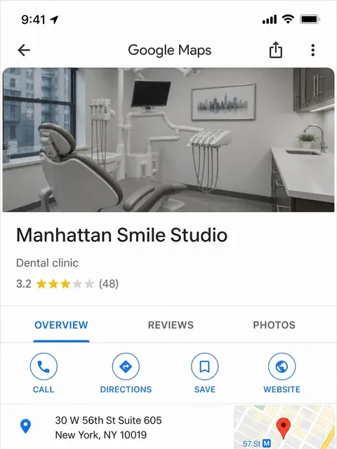 Manhattan Smile Studio Google Business Profile before with lower rating and fewer reviews