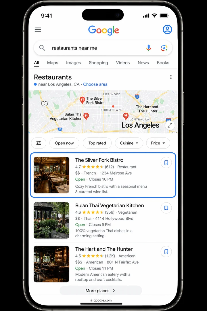Google local search results after optimization