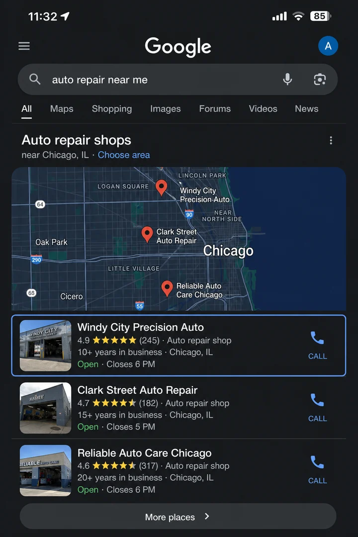 Google local search results after optimization
